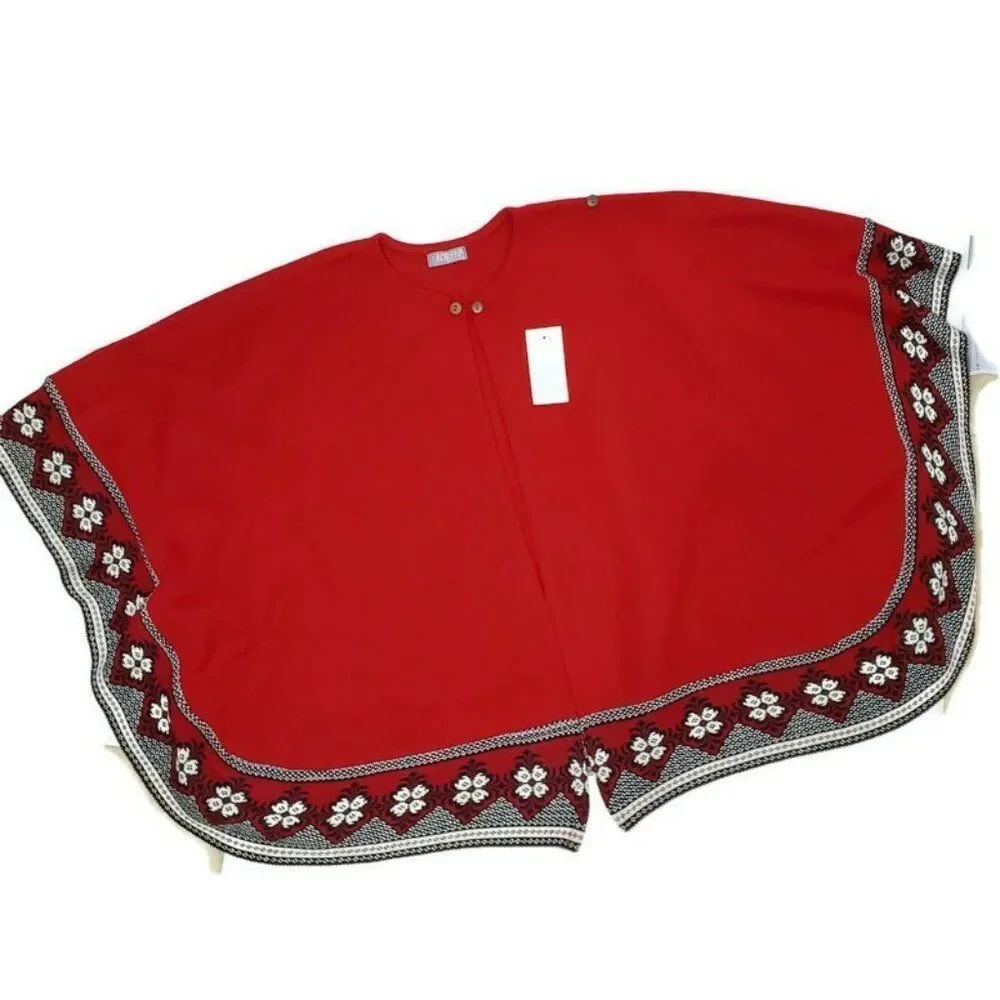 Lorena Original Design Womens Wrap Cape Shawl One Size Red Geometric Design‎ NEW